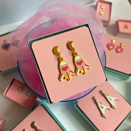 Pink Rocket Ship Earrings